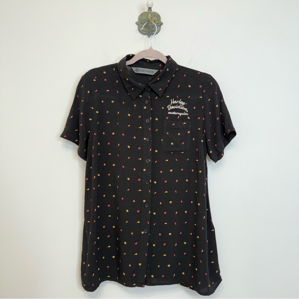Harley Davidson Motorcycles Black Print Button Up Shirt Short Sleeve Women's M
